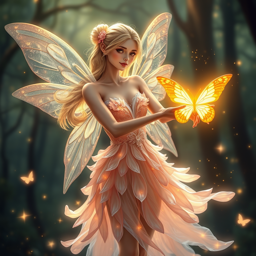 a beautiful and graceful fairy with glowing translucent wings, wearing a delicate and slightly revealing dress made of petals and light, holding a magical bank card shaped like a glowing butterfly in her hand, casting spells of prosperity and abundance, surrounded by sparkles, fantasy forest, golden light, magical atmosphere, fantasy art, highly detailed, 4k, artstation