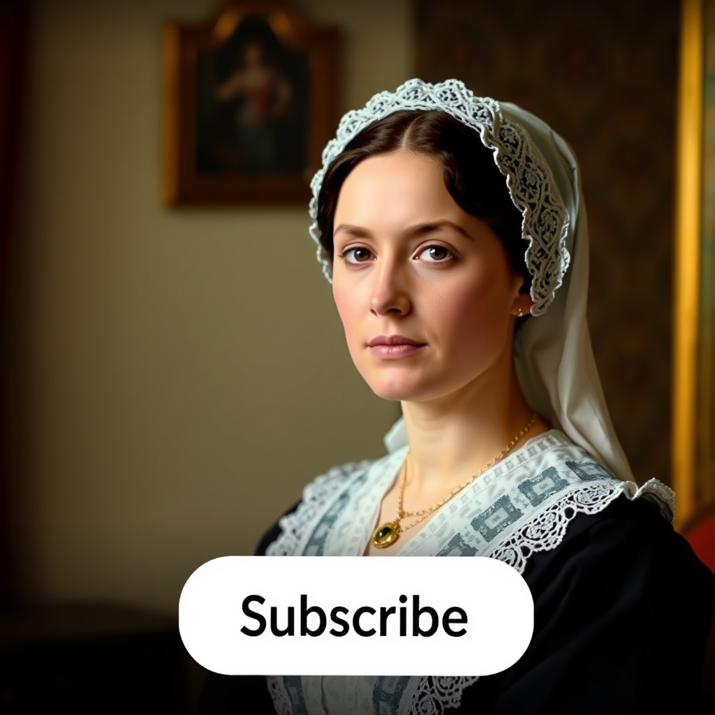 The Subscribe button is on the screen next to a woman who looks like Florence Nightingale.