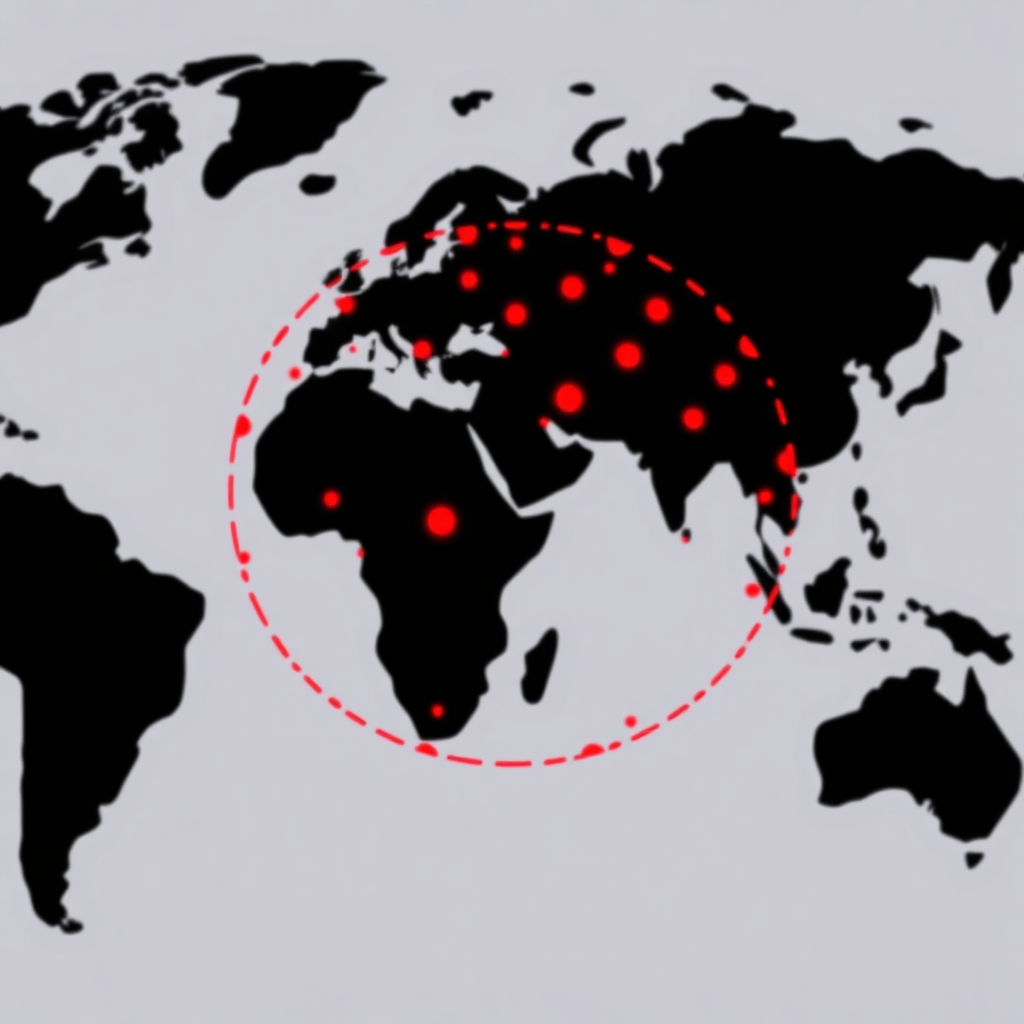 Create a favicon (96×96 favicon size in SVG format) for website promotion: a globe depicted with small, bright red dots. No background.