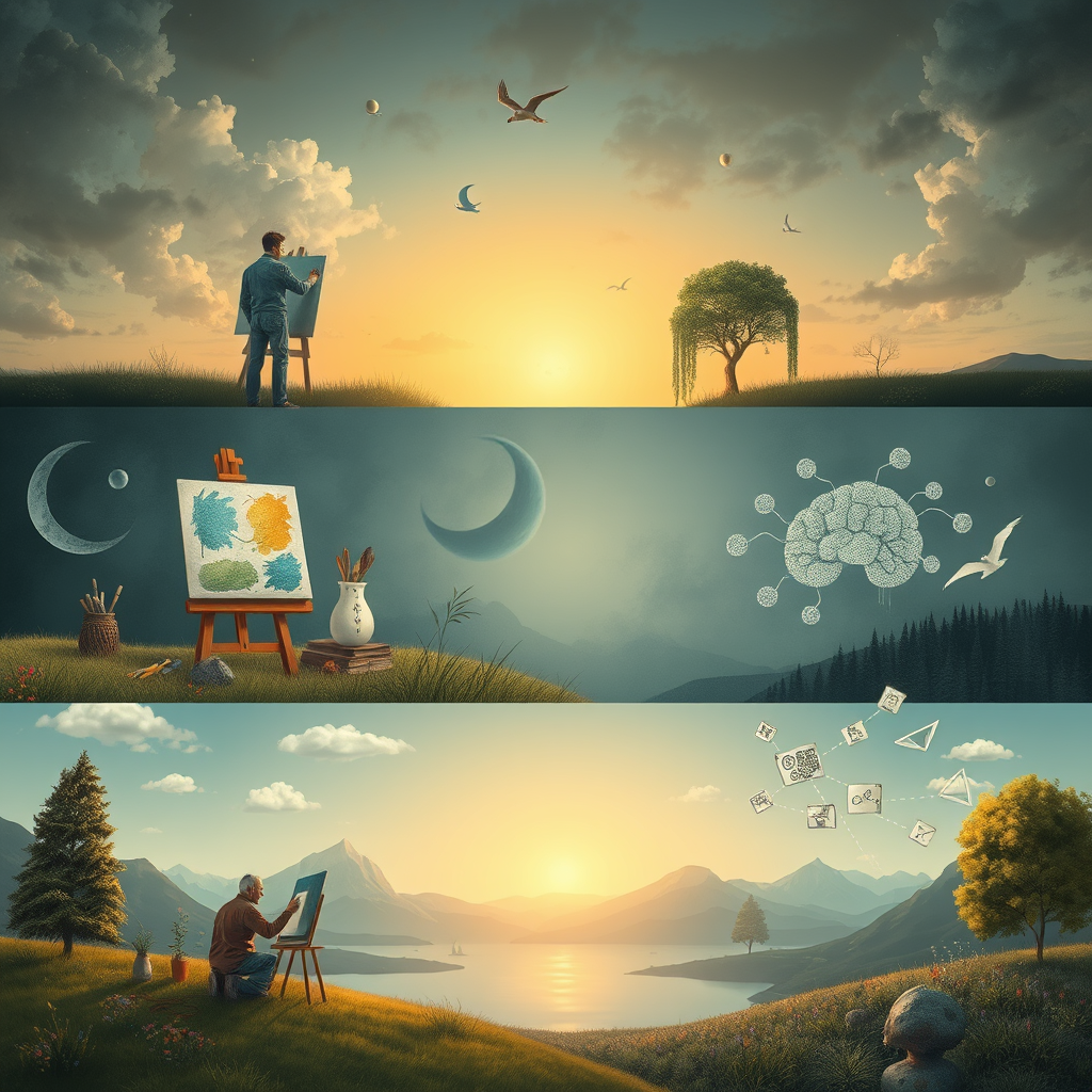 A montage of creative and imaginative scenes: an artist painting, a writer brainstorming.