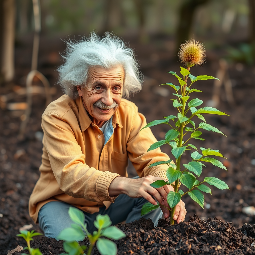 The man resembling Einstein planting a tree, symbolizing growth and values.