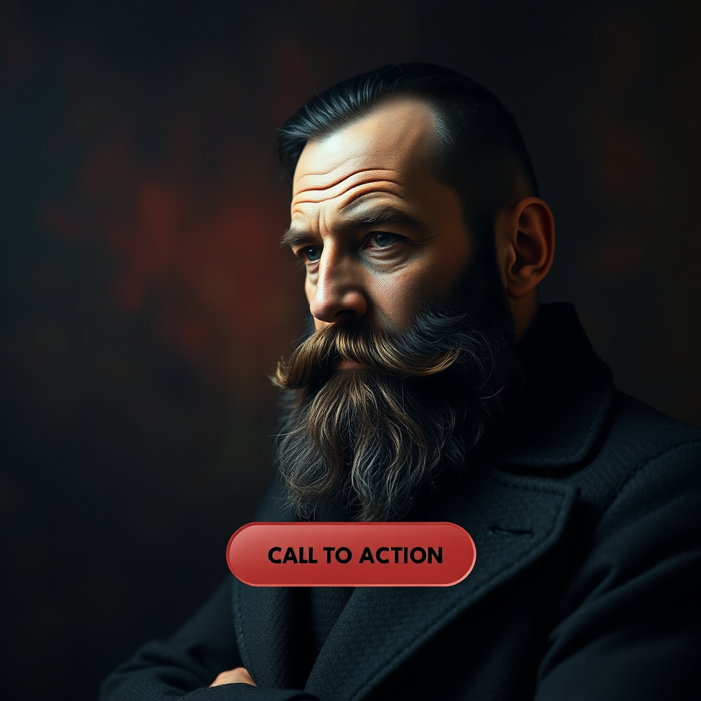 A call-to-action button appearing on the screen near the Dostoevsky-like figure.