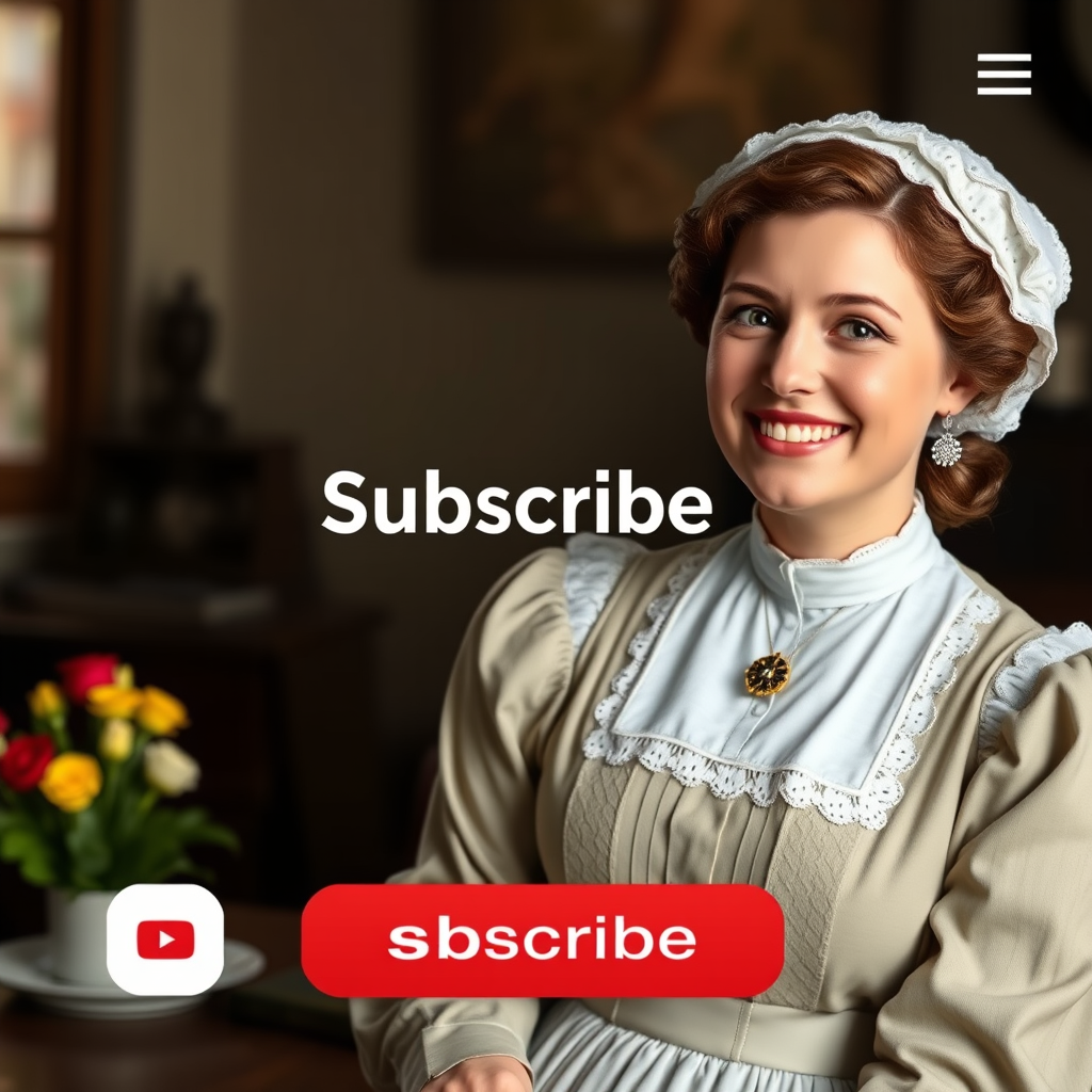 The Subscribe button is on the screen next to a woman who looks like Florence Nightingale.