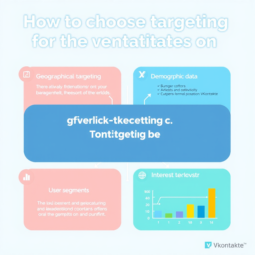 Create a bright and informative illustration on the topic "How to choose targeting for advertising on VKontakte". At the top, place the title: "How to choose targeting for advertising on VKontakte?" in a modern font. In the center of the image, highlight four sections:
Geographical targeting.
Demographic data.
Interests and behavior.
User segments.
The background should be bright, with VKontakte colors (blue and white tones). Add arrows and graphs for visualization.