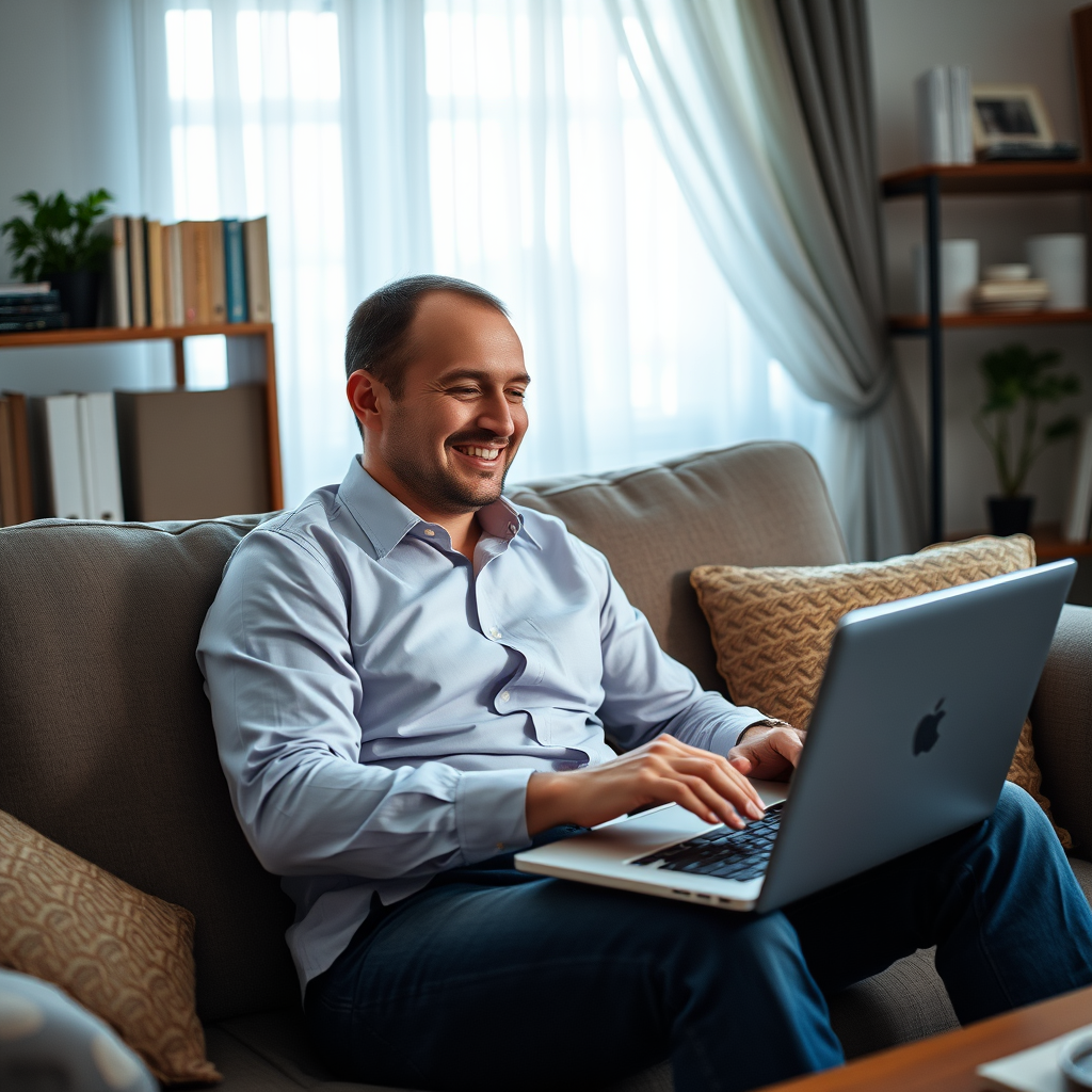 Happy Russian man in a shirt at home on the sofa sidis with a laptop turned on. Theme earnings on the Internet Happy Russian man in a shirt at home on the sofa sidis with a laptop turned on. Theme earnings on the Internet