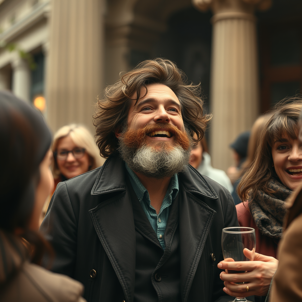 The Dostoevsky-like figure experiencing life fully, smiling and engaging with others.