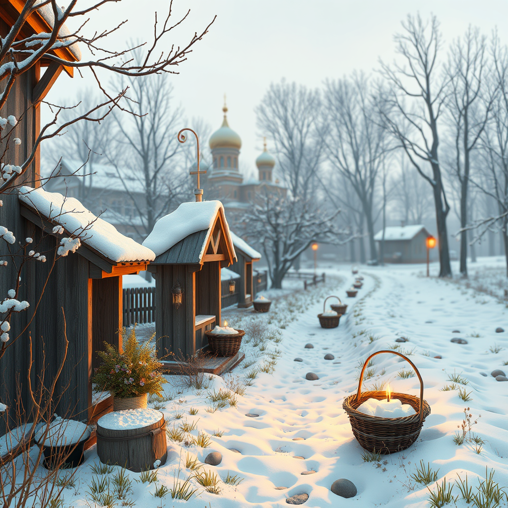 Drawing - no captions: spring in Russia, the snow has melted and preparations for the Orthodox Easter celebration are beginning. Negative: Spring has arrived!