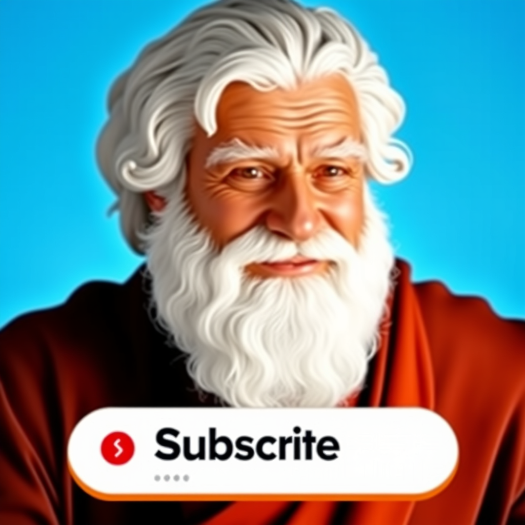 The Subscribe button is on the screen next to a man who looks like Socrates.