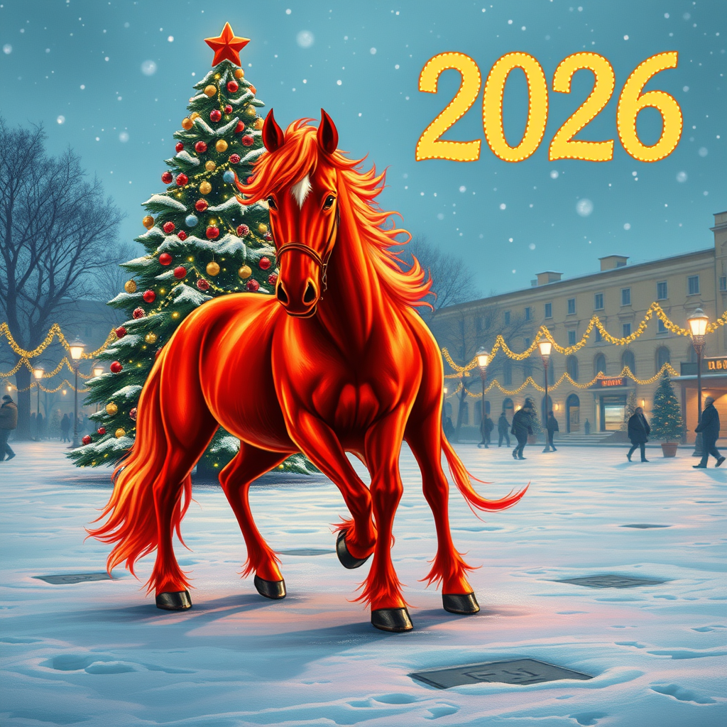 Draw a photorealistic New Year's picture with one decorated tree and garlands. The numbers 2026 are written exactly in the upper right corner. In the foreground is a fiery red horse with four legs, one head, one tail, and no bridle or saddle. Keep in mind that the action takes place in the evening on a snowy square.