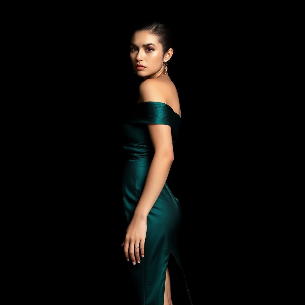 Preserve identity. Premium high-fashion studio portrait. Pose: standing half-turned, one arm on hip, chin slightly lifted, sweeping gaze over shoulder. Outfit: elegant off-the-shoulder dark emerald satin evening dress, floor-length, deep slit. Minimalist black background. Strong dramatic split lighting, intense contrast, deep shadows. Highly detailed skin texture, raw pores. Shot on Hasselblad, 85mm.