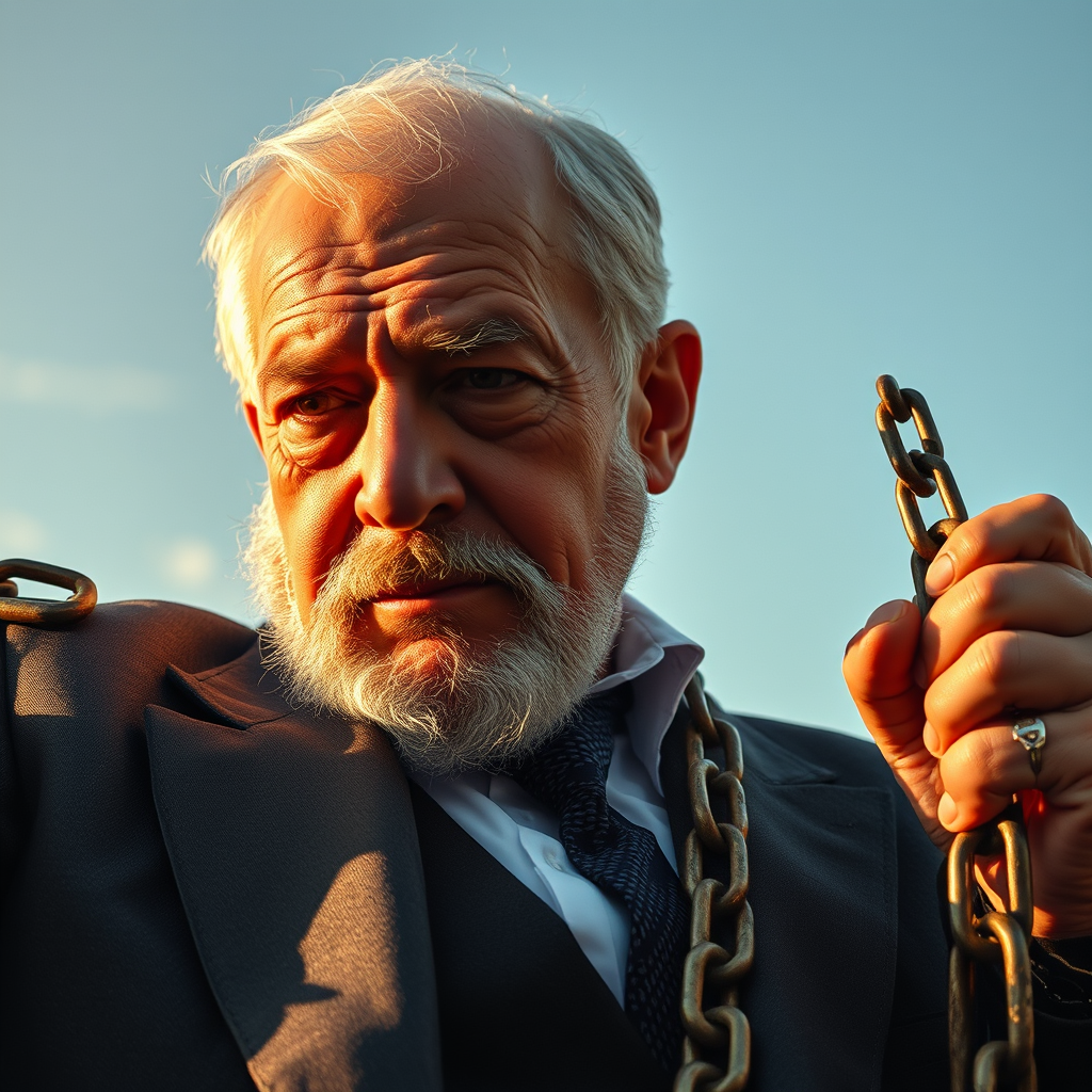 The man resembling Napoleon Hill overcoming obstacles, like breaking chains.