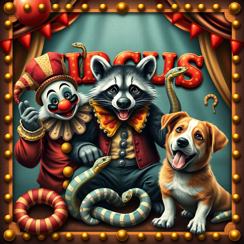 circus poster featuring a clown, raccoon, snakes and a dog circus poster featuring a clown, raccoon, snakes and a dog