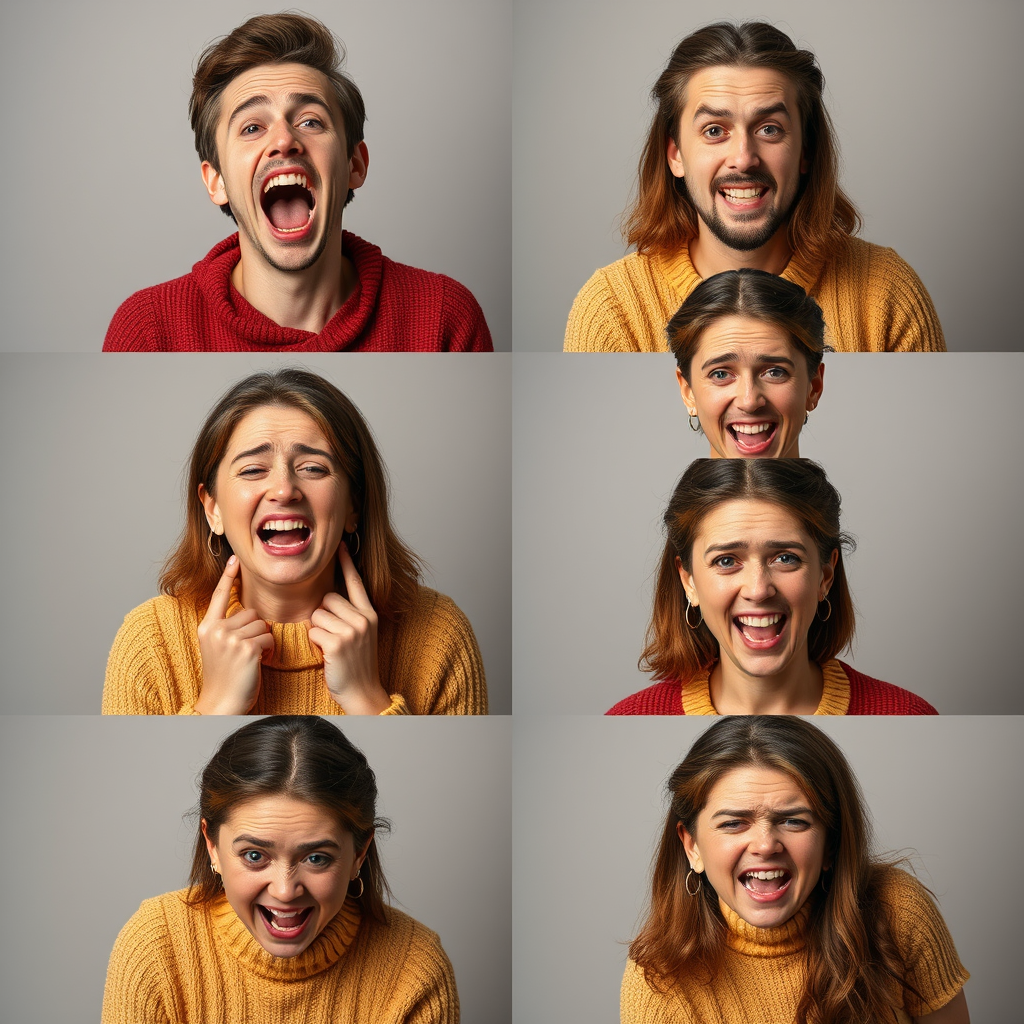 Take the generated photo and create a 3x3 grid, aspect ratio 2:3, same two subjects, different emotions, consistent scene, lighting and outfits. Each photo shows a different strong emotion: laughter, surprise, anger, sadness, fear, joy, disgust, serious, playful.