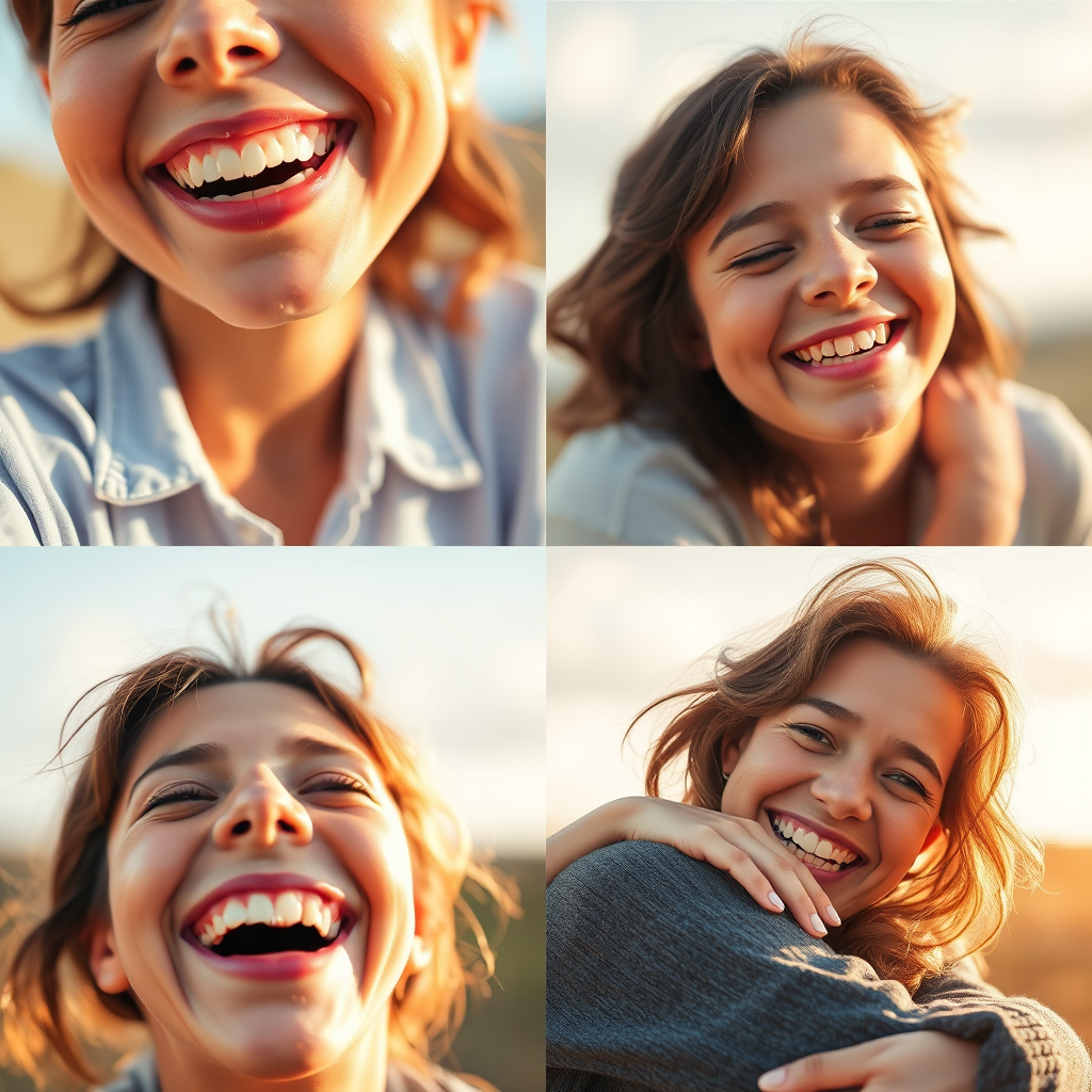 Close-ups of simple pleasures: laughter, a warm hug, a beautiful day.