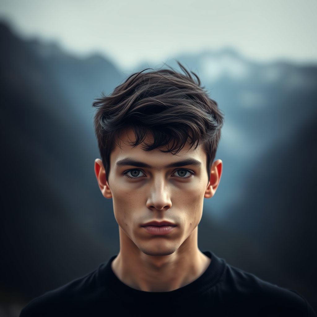 young man, photorealism, dark hair, centered in the frame, symmetrical face, 50 mm lens, facing camera, dark background, natural light, out of focus mountains in the background, ultra‑details, 16K