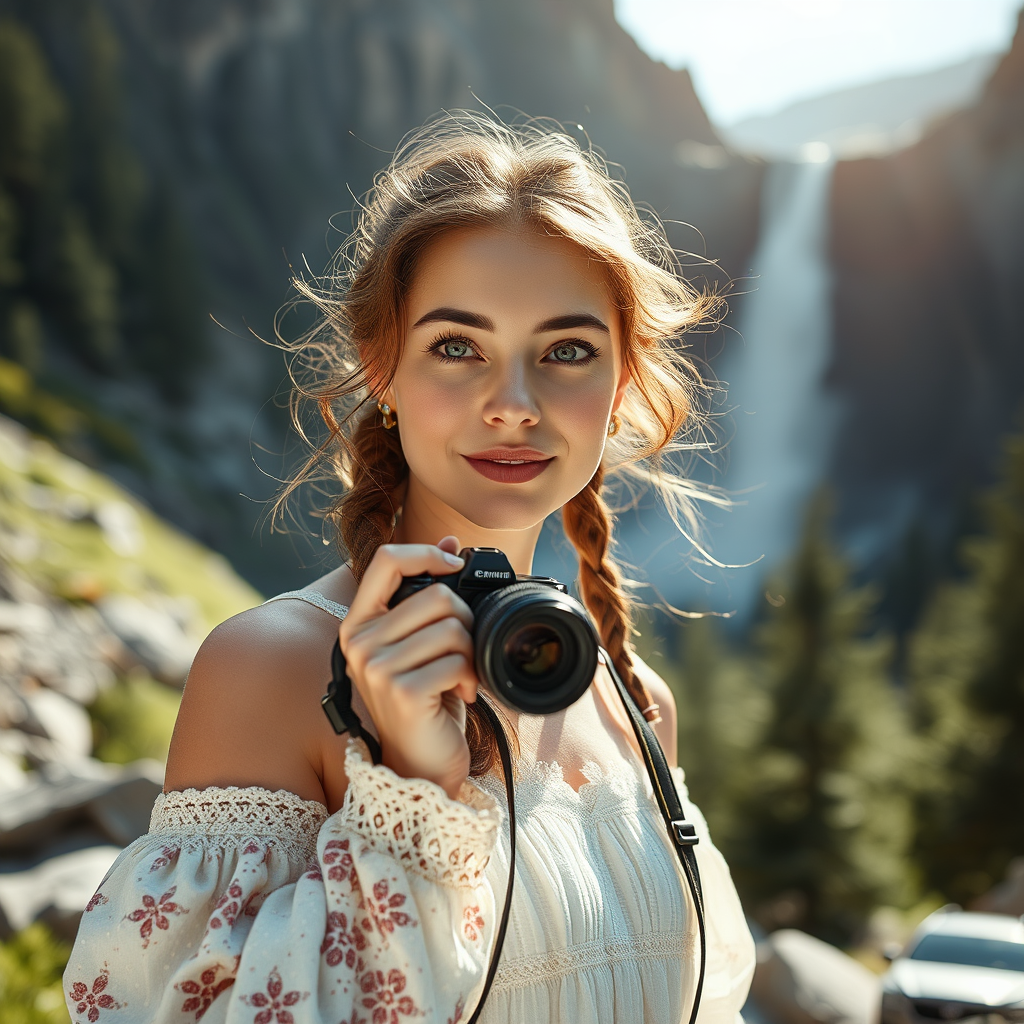На переднем плане красивая девушка, которая держит в руках  на камеру красивый эдегантный флакон  духов.  Вокруг завораживающий пейзаж гор, о красивейший  искрящийся  водопад. Стиль — кинематографический, фотореализм, премиальная эстетика, акцент на ощущении свежести, свободы и силы природы