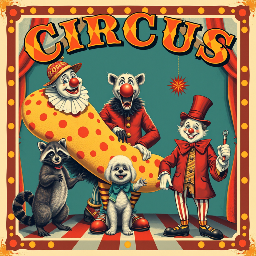 circus poster with a funny clown with a two-meter python with a raccoon with a poodle with a clown and a magician in the foreground circus poster with a funny clown with a two-meter python with a raccoon with a poodle with a clown and a magician in the foreground