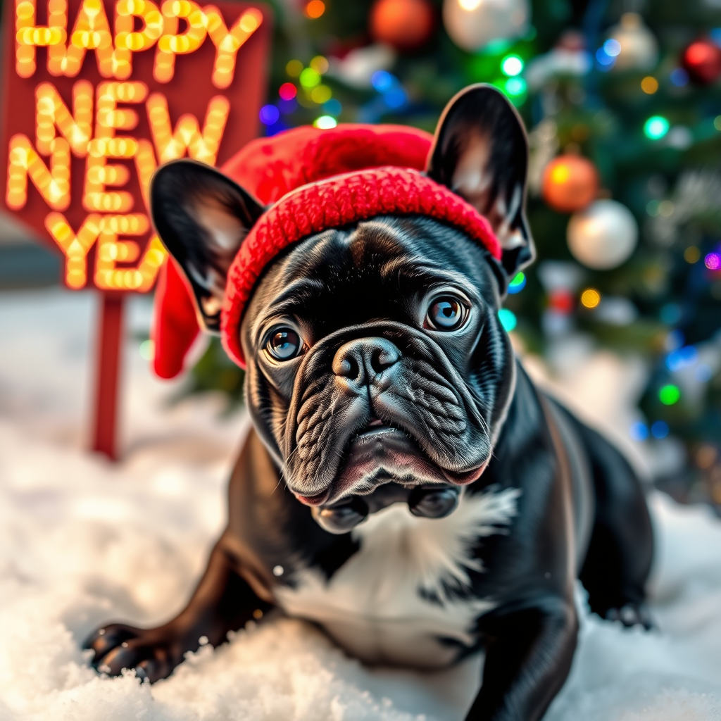 A black French bulldog with a gray muzzle and white chest, wearing a red cap, sits in the snow, surrounded by sparkling, multicolored Christmas decorations. There's a Christmas tree behind him, and the sign "HAPPY NEW YEAR"