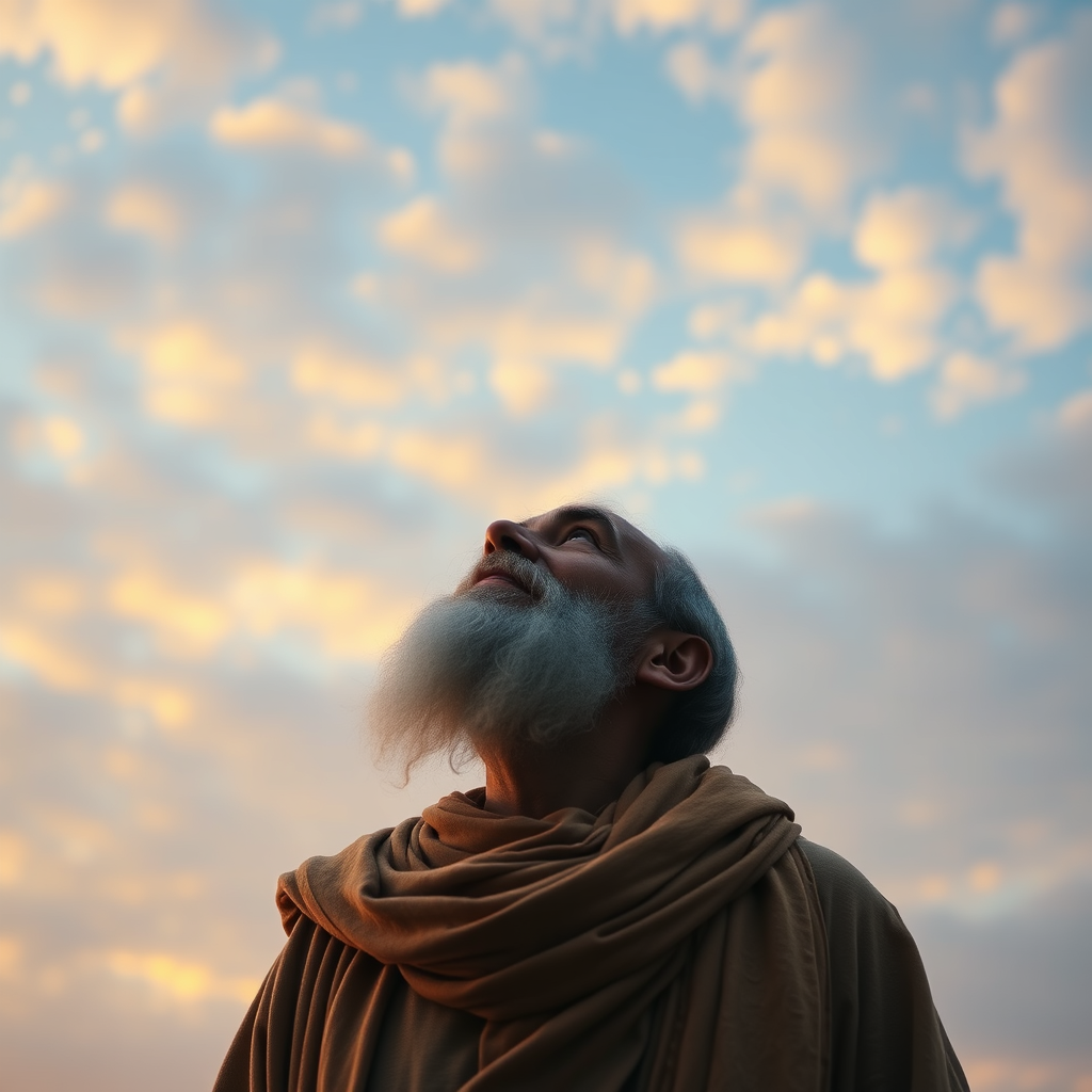 An old poet resembling Omar Khayyam  looks up at a sky transitioning from day to night