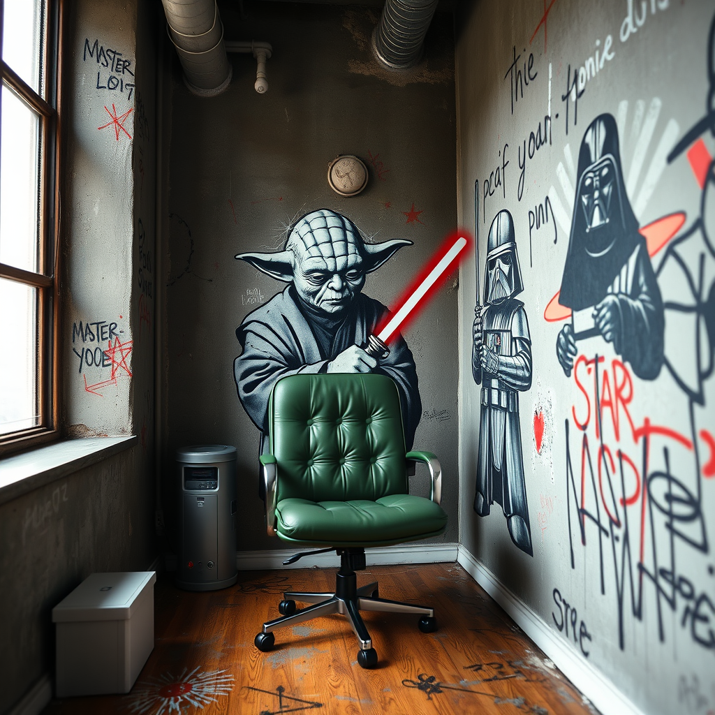 a room with graffiti depicting Master Yoda, the Jedi, and Star Wars, featuring a retro green leather computer chair