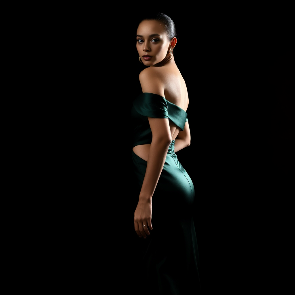 Preserve identity. Premium high-fashion studio portrait. Pose: standing half-turned, one arm on hip, chin slightly lifted, sweeping gaze over shoulder. Outfit: elegant off-the-shoulder dark emerald satin evening dress, floor-length, deep slit. Minimalist black background. Strong dramatic split lighting, intense contrast, deep shadows. Highly detailed skin texture, raw pores. Shot on Hasselblad, 85mm.