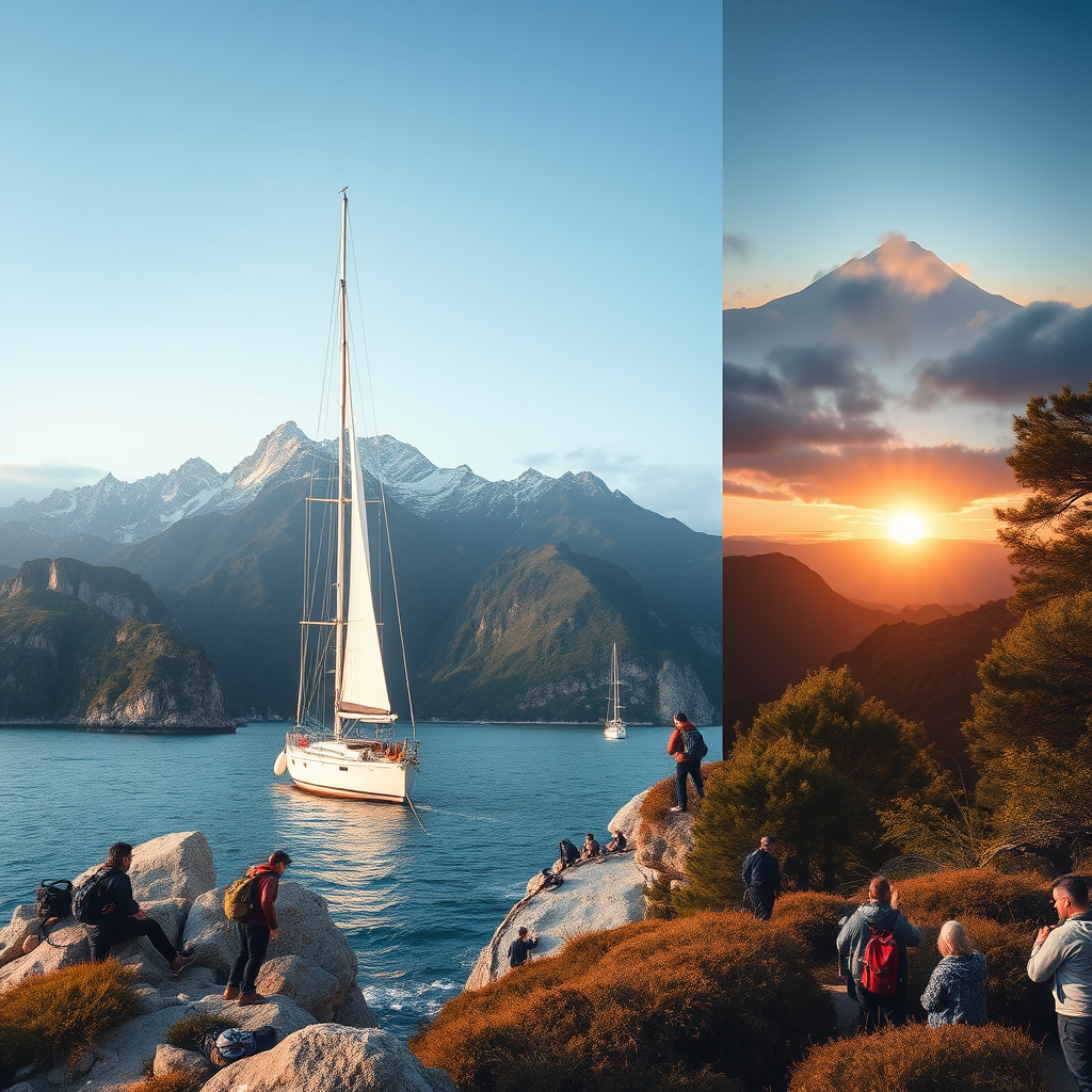 A montage of adventurous scenes: sailing, hiking, exploring new places