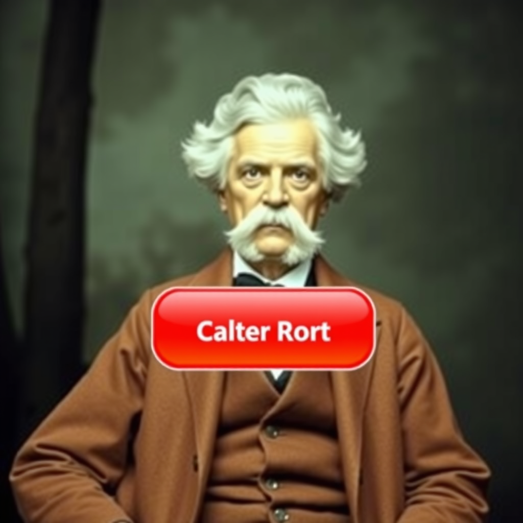 A call-to-action button appearing on the screen near the Twain-like figure.