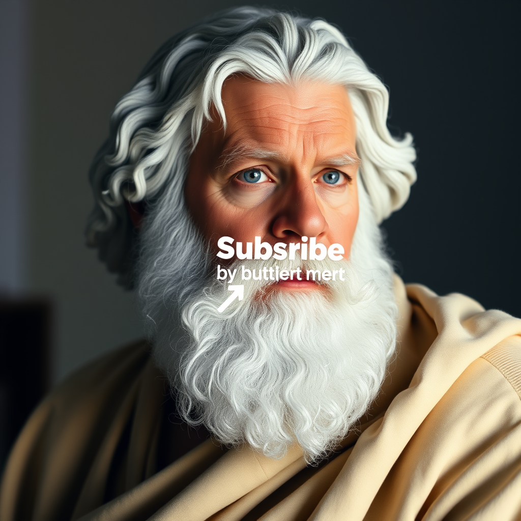 The Subscribe button is on the screen next to a man who looks like Socrates.