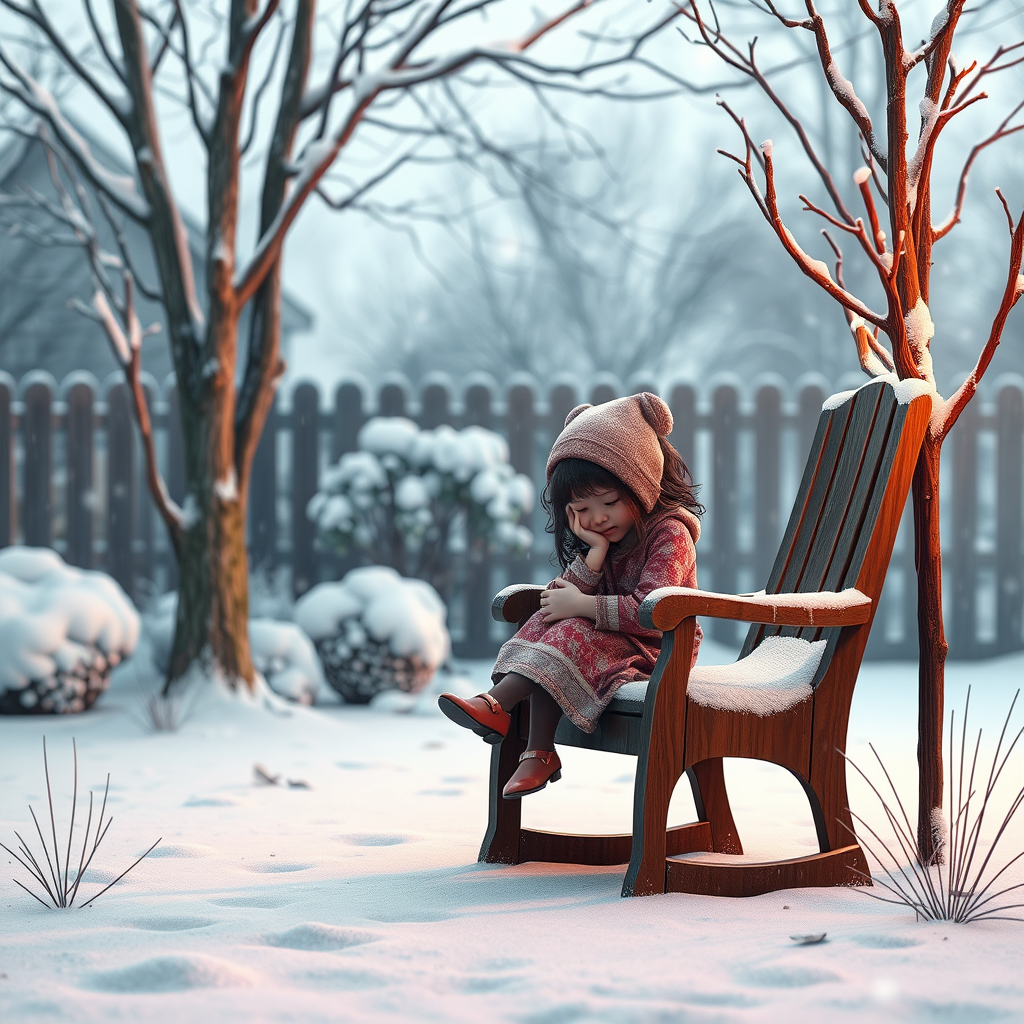 A sad girl is sitting on a chair and is sad because it was raining yesterday, but today it has snowed and covered the ground in the yard. Now they won't let her go for a walk... Picture without captions