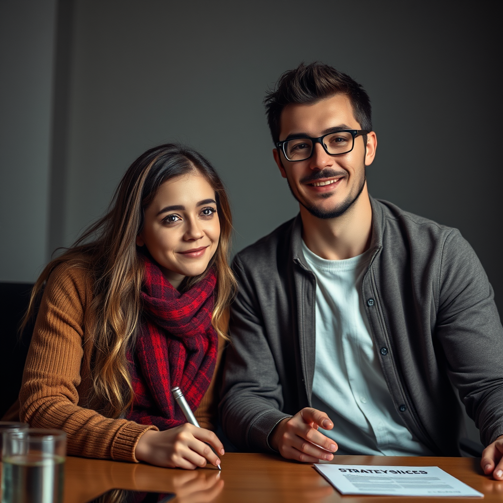 Take a cool, natural photo of a girl and a guy on the topic: Strategy for Success. The photo must be realistic.