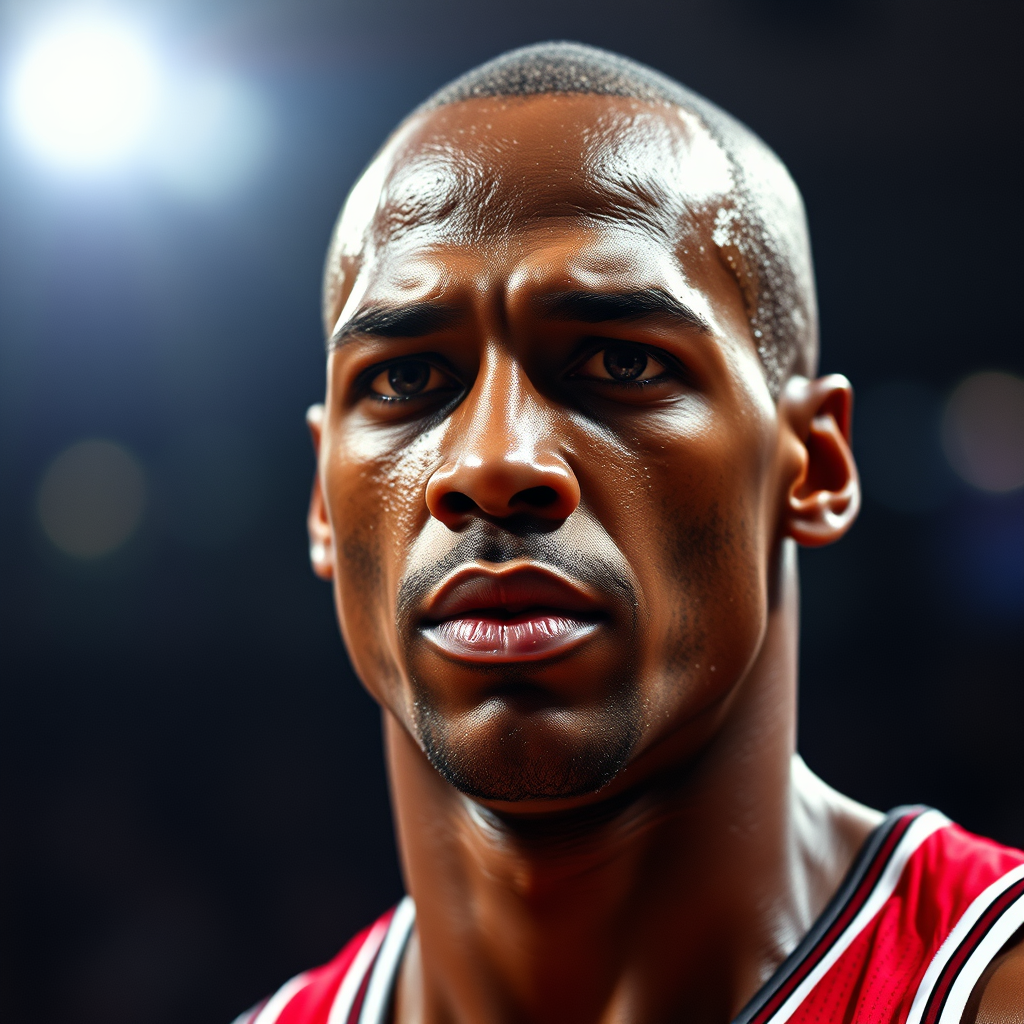 Close-up of the Jordan-like figure's focused expression during a crucial game