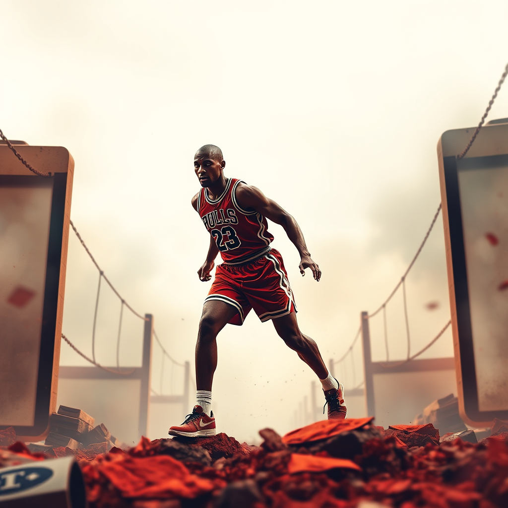 A montage of the Jordan-like figure training hard and overcoming obstacles