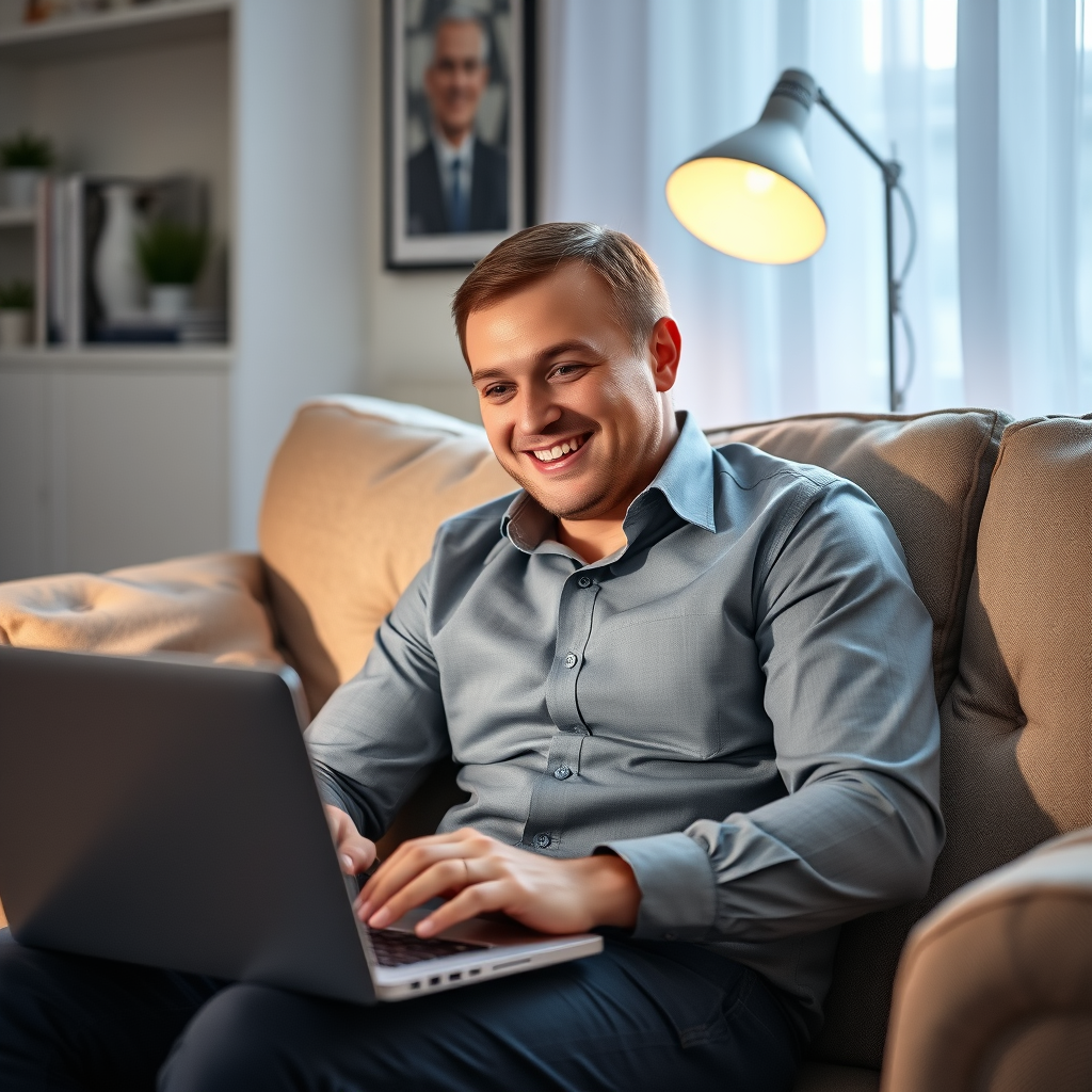 Happy Russian man in a shirt at home on the sofa sidis with a laptop turned on. Theme earnings on the Internet Happy Russian man in a shirt at home on the sofa sidis with a laptop turned on. Theme earnings on the Internet