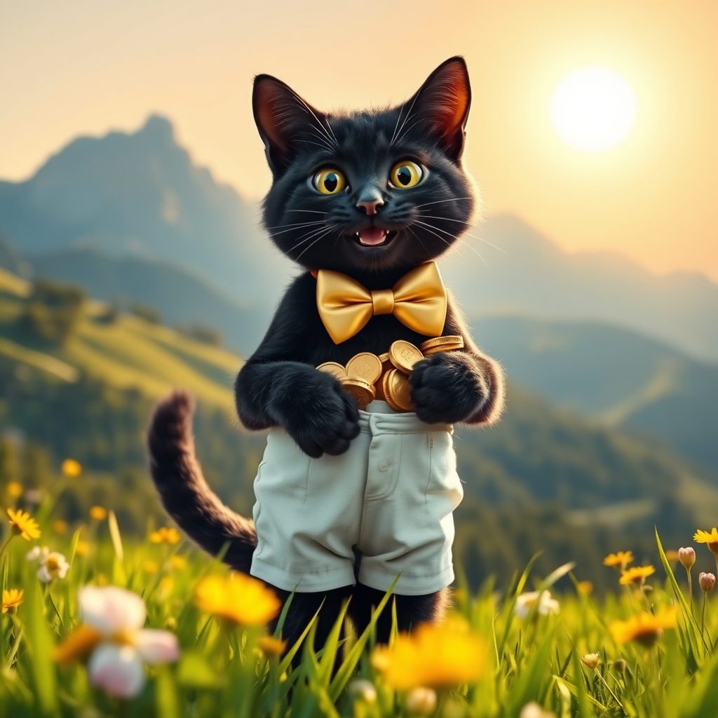 The foreground depicts a cheerful black cat standing on its hind legs. The cat is wearing white shorts and a gold bow tie. In its front paws, the cat holds a slightly open bag of gold coins, revealing shiny coins. The cat looks directly at the viewer with a wide smile, creating a sense of friendliness and playfulness.

The cat stands in a bright, green, sunny meadow, surrounded by lush grass and flowers. Picturesque mountains bathed in sunlight appear in the background. A bright sun shines in the sky, lending a warm and joyful atmosphere to the entire scene.

The entire composition is executed in a photorealistic style: the details of the cat's fur, the texture of the shorts and bow tie, the metallic sheen of the coins, and the nuances of light and color in nature are meticulously rendered.