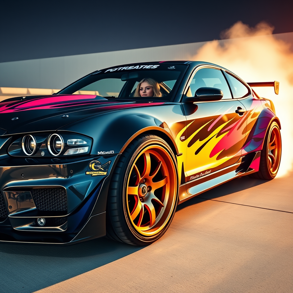 Beautiful car with colorful graphics, big wheels, aggressive, with a cute blonde girl behind the wheel Beautiful car with colorful graphics, big wheels, aggressive, with a cute blonde girl behind the wheel