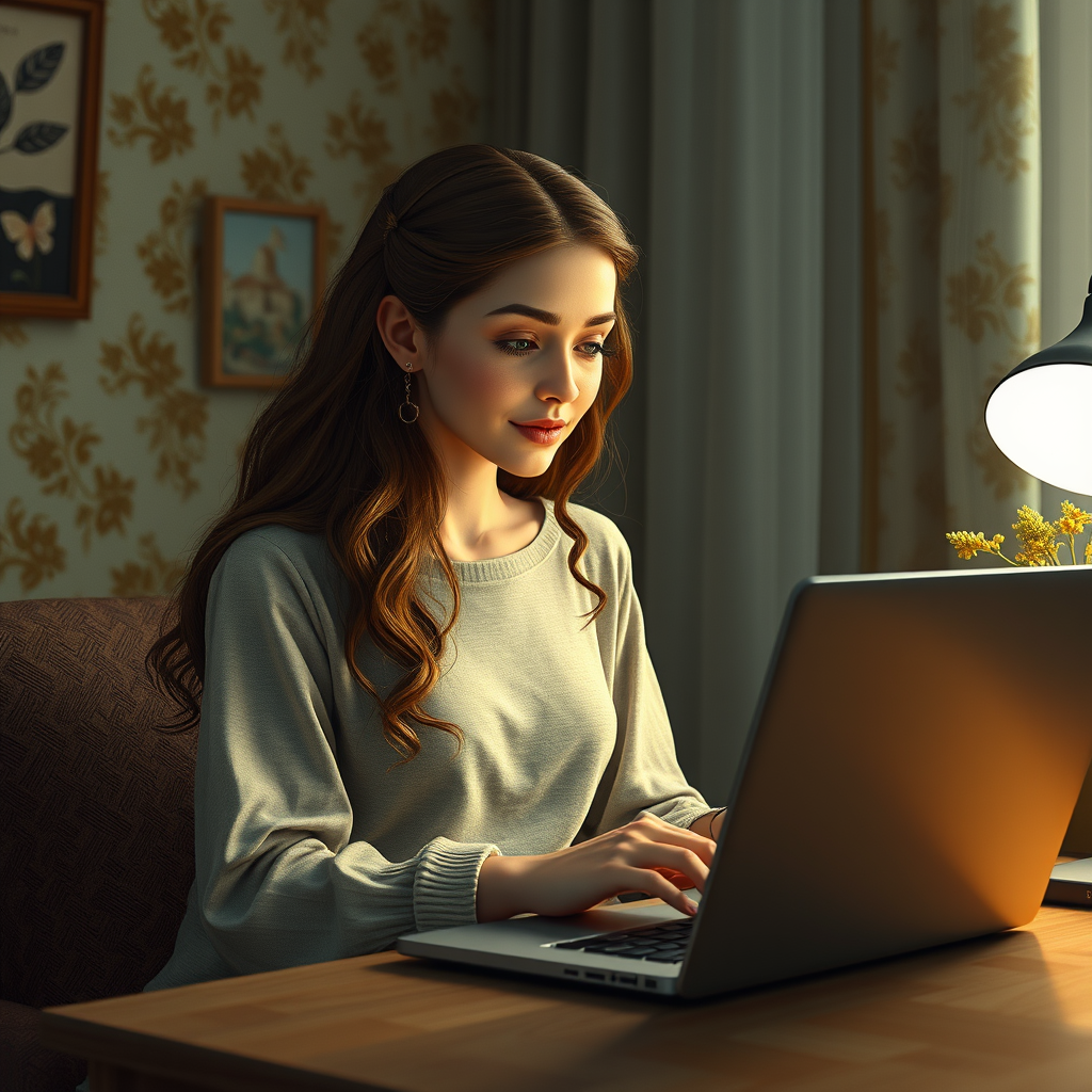 нарисуй девушку за ноутбуком. Она что-то печатает, руки на клавиатуре. В комнате спокойная домашняя обстановка. Е лицо крупным планом и на глазах повязка оранжевого цвета в формате GIF