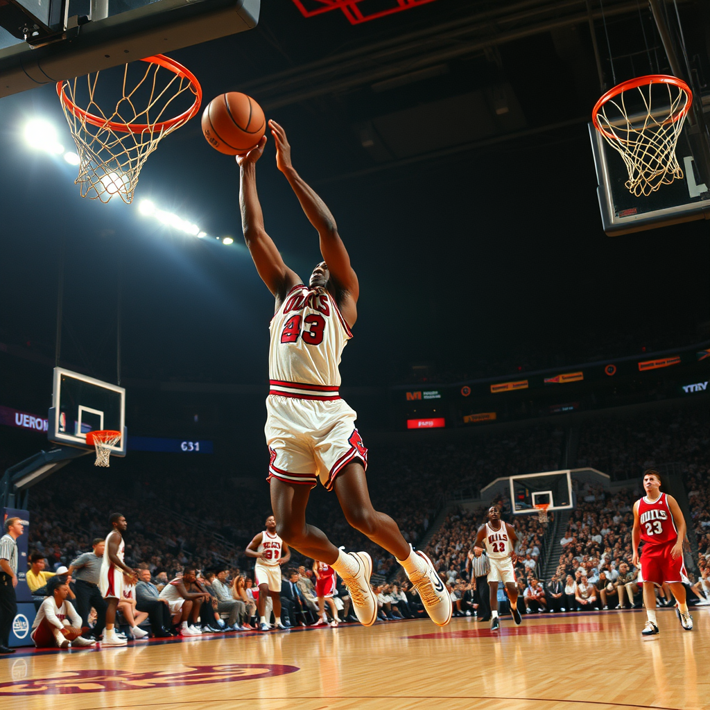 A montage of a man resembling Michael Jordan missing shots during games.