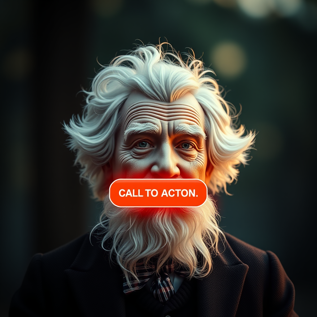 A call-to-action button appearing on the screen near the Twain-like figure.