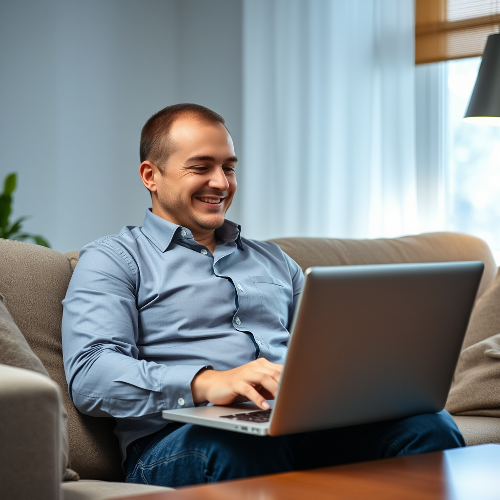 Happy Russian man in a shirt at home on the sofa sidis with a laptop turned on. Theme earnings on the Internet Happy Russian man in a shirt at home on the sofa sidis with a laptop turned on. Theme earnings on the Internet