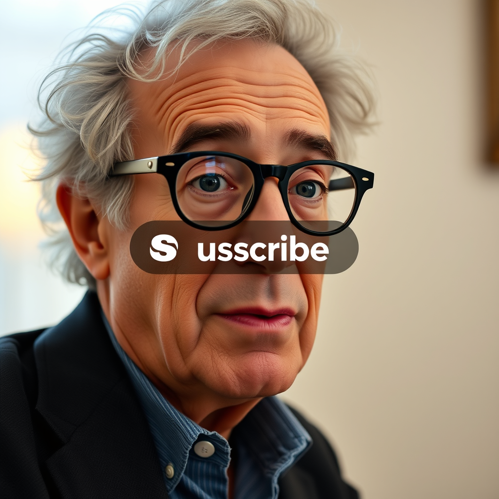 The Subscribe button is on the screen next to a man who looks like Woody Allen.