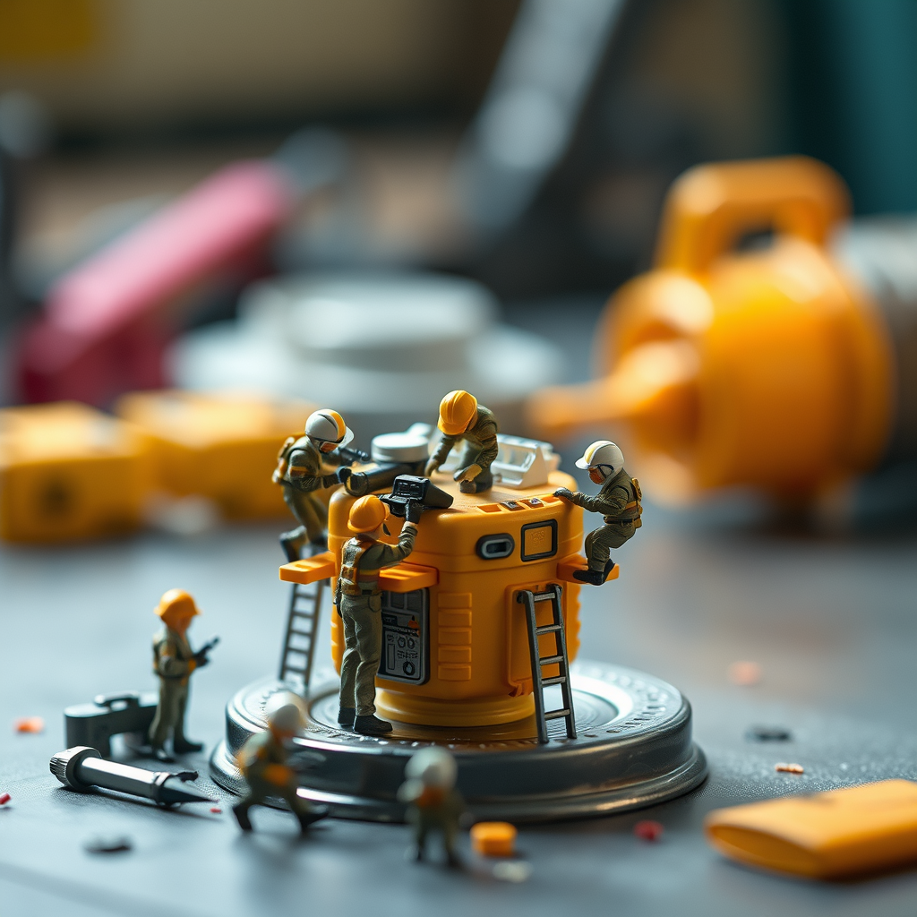 A hyper-realistic and surreal digital photograph featuring miniature figures 
interacting with everyday objects, creating a sense of scale and a unique, immersive 
world. The tiny characters are dressed in detailed uniforms or thematic costumes, 
engaged in various activities such as construction, exploration, creativity, or daily life 
tasks, but in an unexpected or whimsical context.
At first glance, the object appears ordinary, but the fusion with miniature figures 
transforms the scene into a captivating and interactive world. The composition 
includes intricate tools, realistic textures, carefully crafted shadows, and lighting 
effects, enhancing the depth and realism of the image.
The background is softly blurred, creating depth of field, while the lighting 
emphasizes microscopic details, giving the scene a cinematic quality. The color 
palette adapts to the mood of the image: warm tones for cozy scenes, cool and 
metallic hues for tech-based concepts, and vibrant co