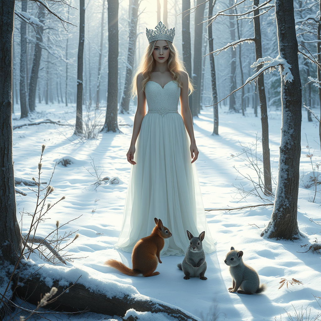 .The Snow Maiden stands in a clearing in a winter forest. A bunny, a squirrel, and a bear cub sit at her feet.