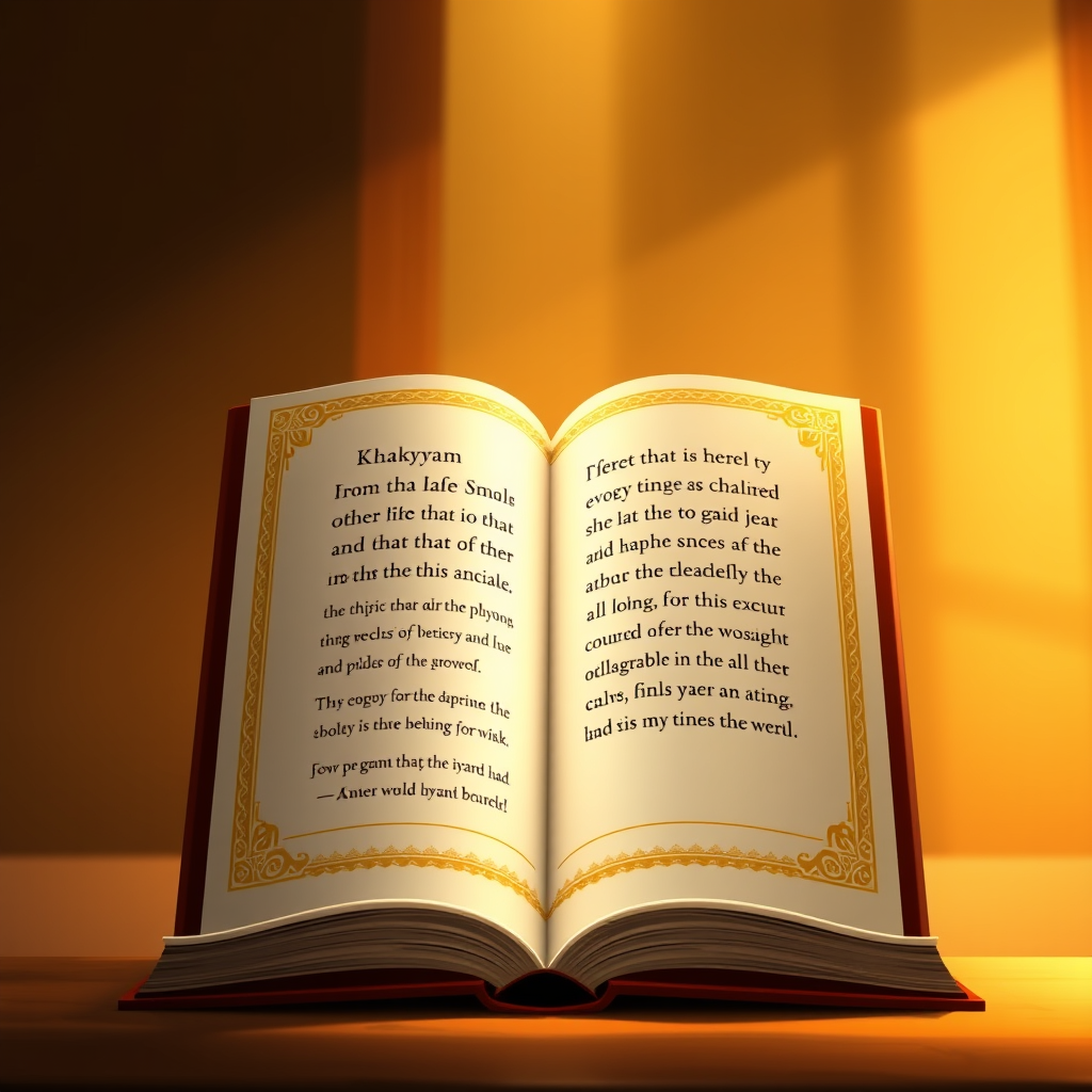 An animated book opening with Khayyam's quote appearing.