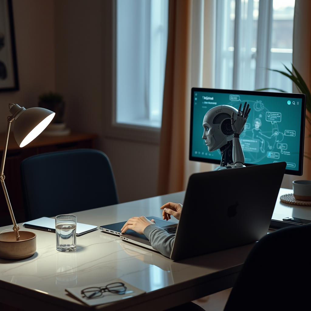 Create a realistic photo of a woman working on a laptop at a beautiful desk. An AI human peers out from the laptop screen and waves at her.