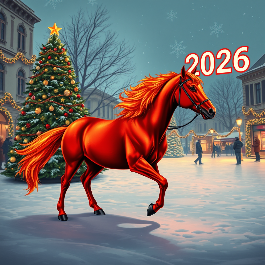 Draw a photorealistic New Year's picture with one decorated tree and garlands. The numbers 2026 are written exactly in the upper right corner. In the foreground is a fiery red horse with four legs, one head, one tail, and no bridle or saddle. Keep in mind that the action takes place in the evening on a snowy square.
