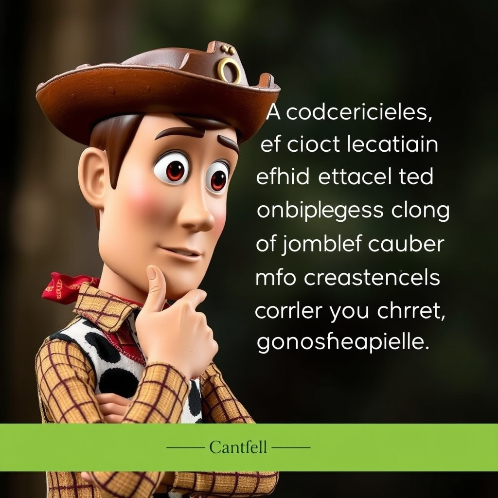 Text overlay of the quote with an image of a thoughtful Woody-like figure.