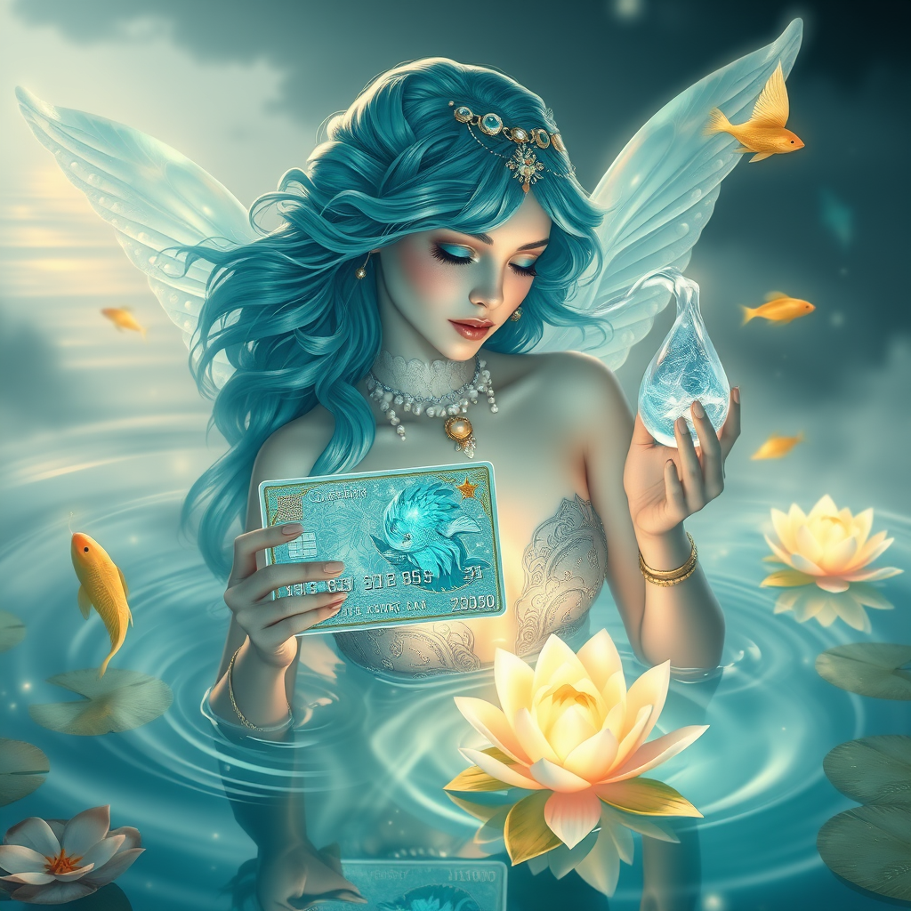 a graceful water nymph with shimmering aqua-blue hair and translucent skin reflecting the waves, wearing jewelry made of pearls and seashells, holding a magical bank card shaped like a sparkling drop of water, radiating energy of flow, prosperity, and clarity, surrounded by glowing fish and water lilies, crystal-clear lake at dawn, soft mist, fantasy art, highly detailed, 4k, artstation
