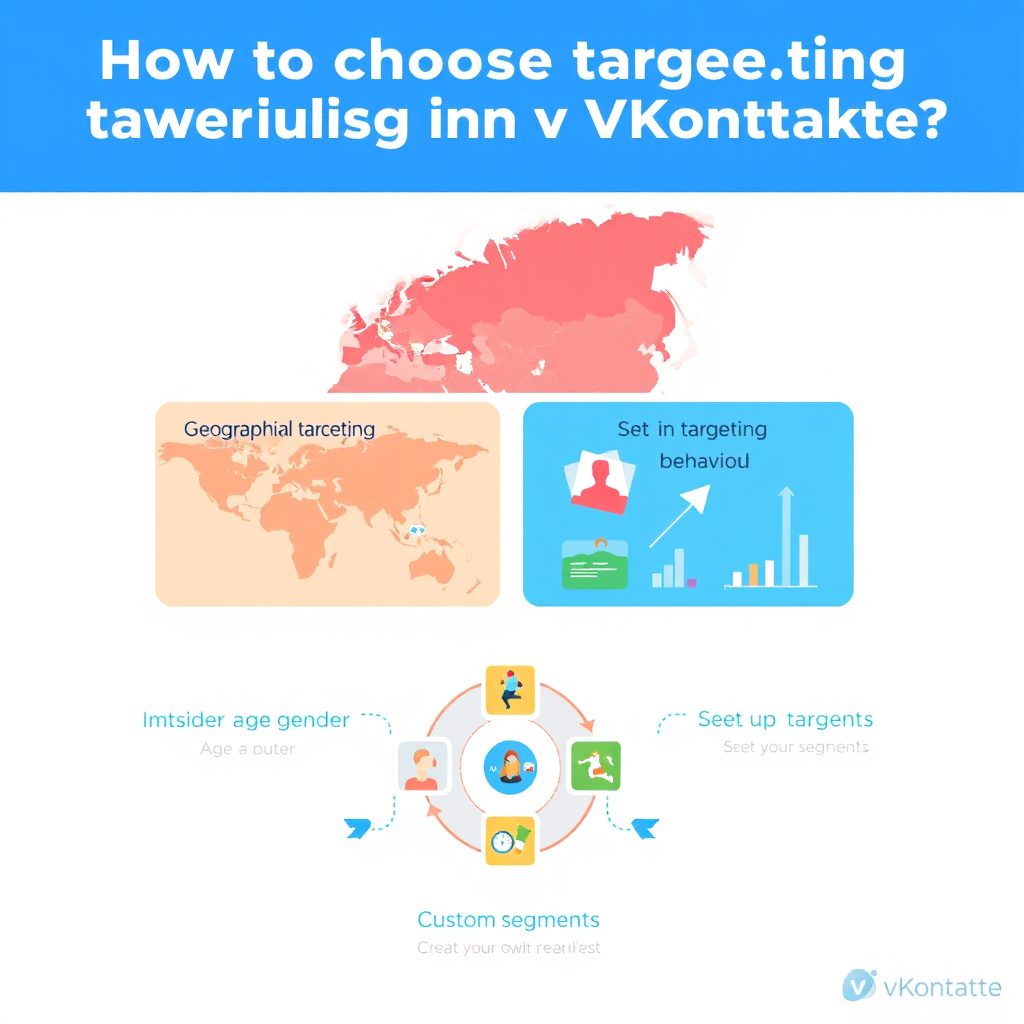 Create a bright and informative illustration on the topic "How to choose targeting for advertising on VKontakte." At the top, place the title: "How to choose targeting for advertising on VKontakte?" in a modern font. In the center of the image, highlight four sections:

Geographical targeting: a map with marked regions, the caption "Determine the location of your audience."

Demographic data: icons of age groups and gender, the text "Consider age and gender."

Interests and behavior: images related to interests (sports, art), with the caption "Set up targeting by interests."

Custom segments: a diagram symbolizing segmentation, with the text "Create your own segments."

The background should be bright, with VKontakte colors (blue and white tones). Add arrows and graphs for visualization.