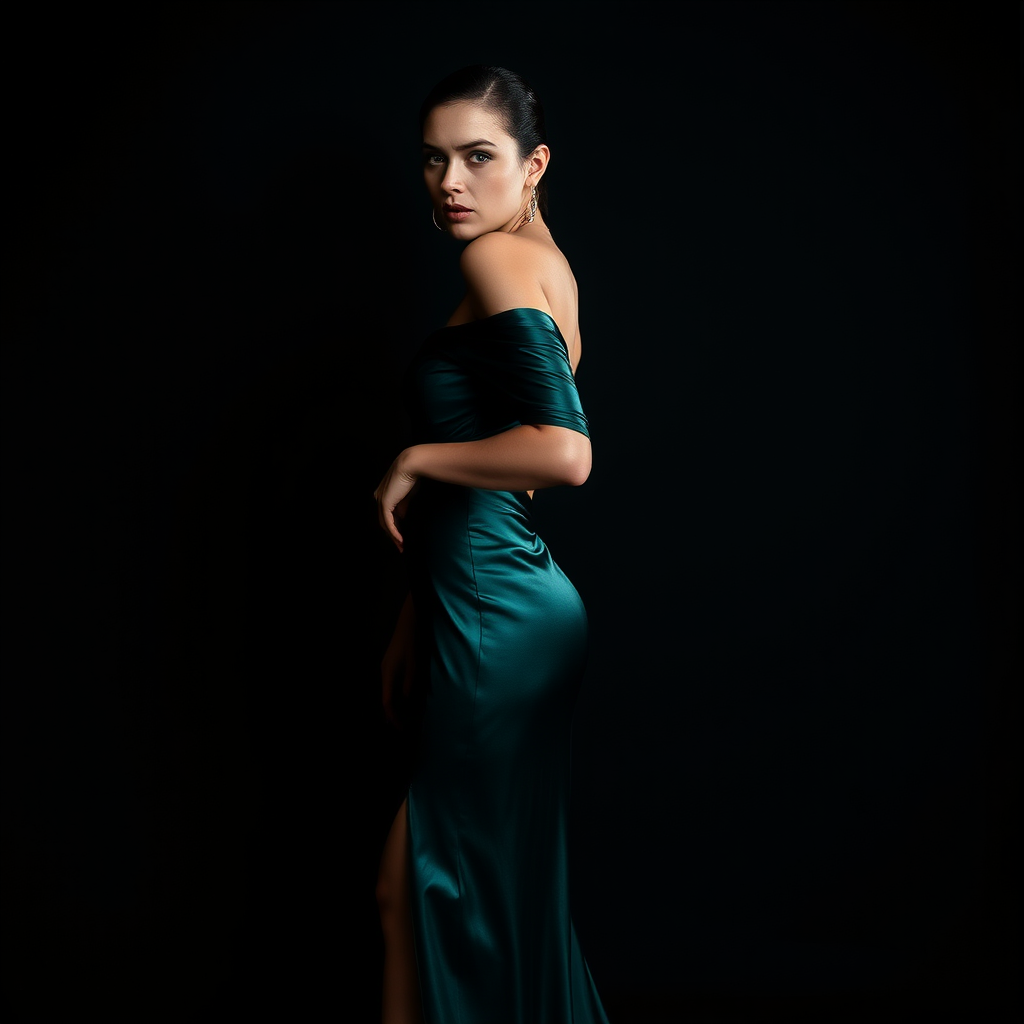 Preserve identity. Premium high-fashion studio portrait. Pose: standing half-turned, one arm on hip, chin slightly lifted, sweeping gaze over shoulder. Outfit: elegant off-the-shoulder dark emerald satin evening dress, floor-length, deep slit. Minimalist black background. Strong dramatic split lighting, intense contrast, deep shadows. Highly detailed skin texture, raw pores. Shot on Hasselblad, 85mm.