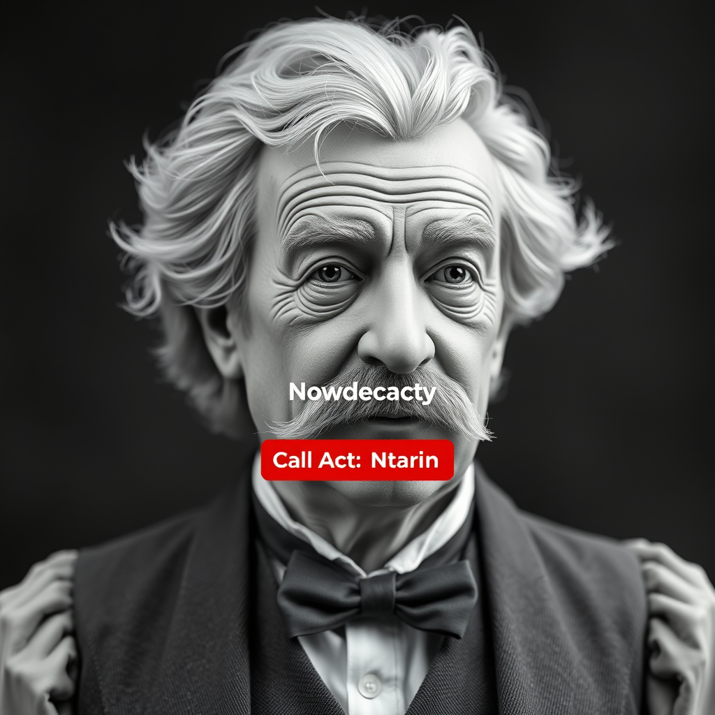 A call-to-action button appearing on the screen near the Twain-like figure.